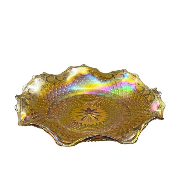 Vintage Carnival Glass Platter Plate 10" IRIDESCENT Marigold Amber Ruffled Edge - Picture 1 of 5